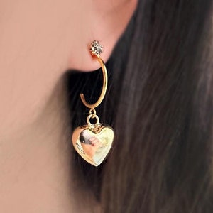 Dainty Gold puffy Heart charm on Gold plated Hoop Earrings, Gold hoop earrings, Heart Drop dangle charm Earrings, Huggie Hoop, gift for her