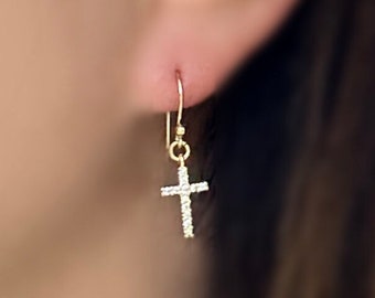 Dainty Gold Cross Earrings, Gold cross Jewelry, Cross Earrings, Dainty Dangling cross earrings, Religious jewelry, Minimalist jewelry