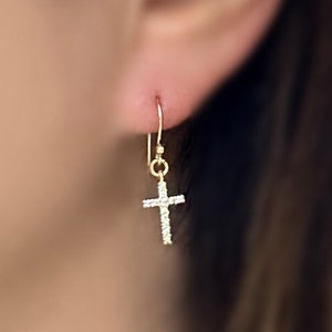 Dainty Gold Cross Earrings, Gold cross Jewelry, Cross Earrings, Dainty Dangling cross earrings, Religious jewelry, Minimalist jewelry