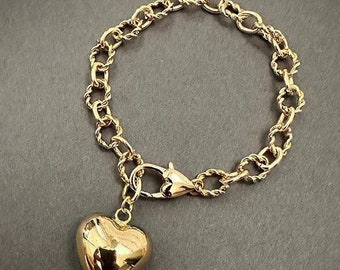 Gold Plated Puffy Heart Bracelet, Chunky Chain