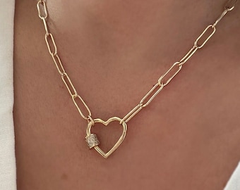 Herz Schraubverschluss-Halskette: Gold-Paperclip-Kette, Initial Charm