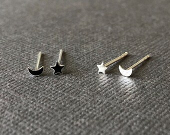 Brincos minúsculos de lua e estrela prateados: Brincos celestiais minimalistas