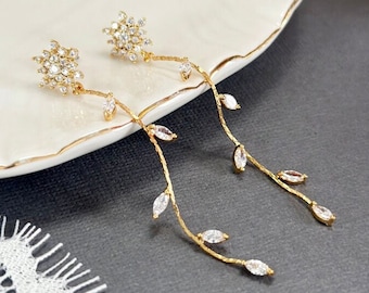 Long Gold Flower Earrings, Bridal Wedding Earrings, Dangling Leaf Earrings, Crystal Leaf tassel Drop earrings, Gift for her, dainty flower