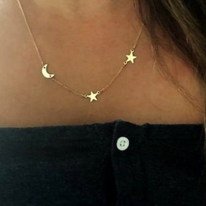 Gold filled Moon and Star choker, Dainty Gold Moon and star necklace, Gold Crescent moon necklace Silver Crescent moon necklace Gift for her