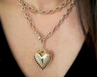 Gold Plated Puffy Heart Necklace, Chunky Chain, Layered Pendant