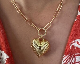Gold Plated Puffy Heart Necklace: Textured Paperclip Chain