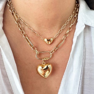 アクセサリー Bijou R.I Puffy Heart Carabiner Necklace Chunky Link Chain Necklace, Gold Love Heart Carabiner, Large