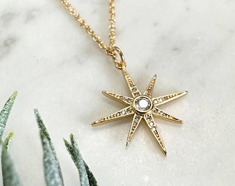 Gold Starburst Necklace, North Star Necklace, Celestial Necklace, Minimalist necklace, layering necklace, Gift for her, Gold Star Necklace