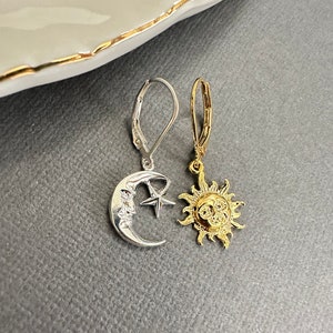 Asymmetrical Sun and Moon Earrings, Mismatched Earrings, Gold moon Earrings, Sun charm earrings, Dainty celestial earring gold, gift for her image 5