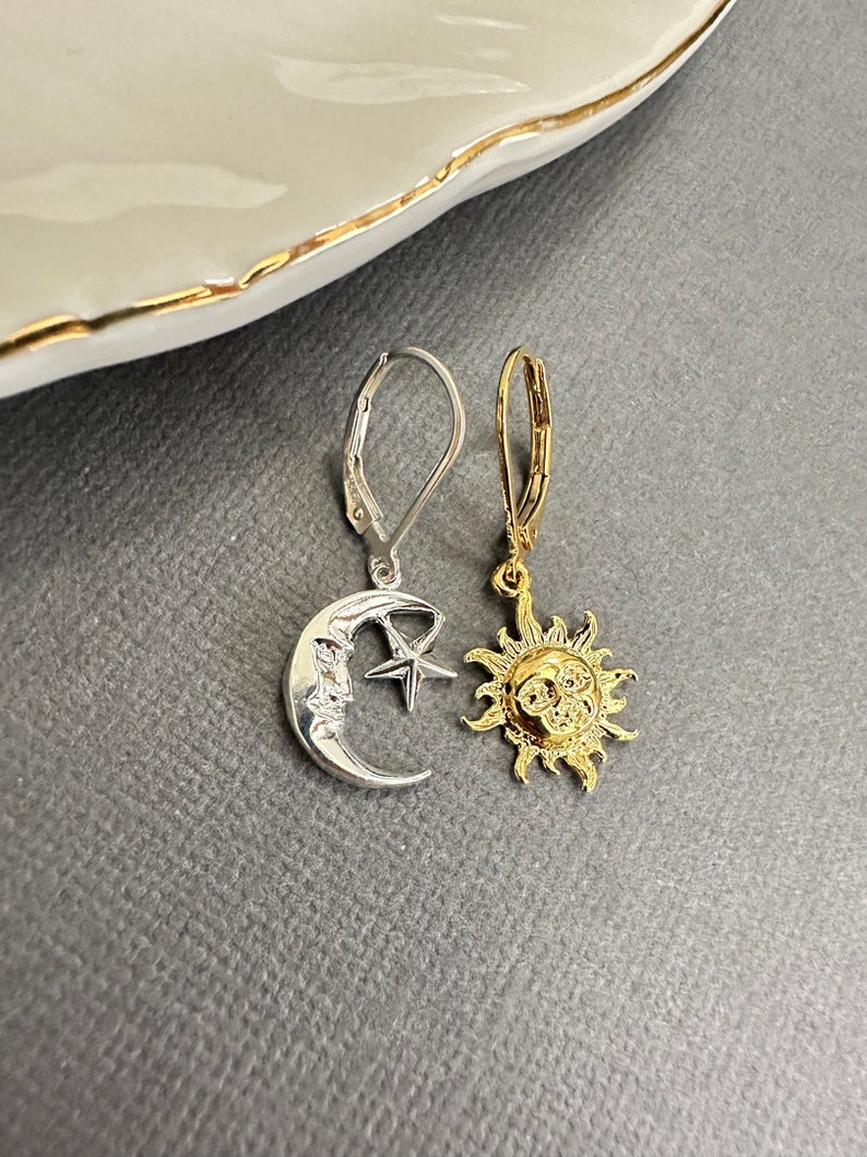 Asymmetrical Sun and Moon Earrings, Mismatched Earrings, Gold moon Earrings, Sun charm earrings, Dainty celestial earring gold, gift for her image 5