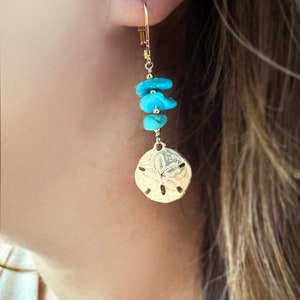 Sand dollar Earrings, Gold Sand Dollar Jewelry, Beach Jewelry, Drop Dangling Turquoise Earrings, Sand Dollar Gift for her, Turquoise jewelry