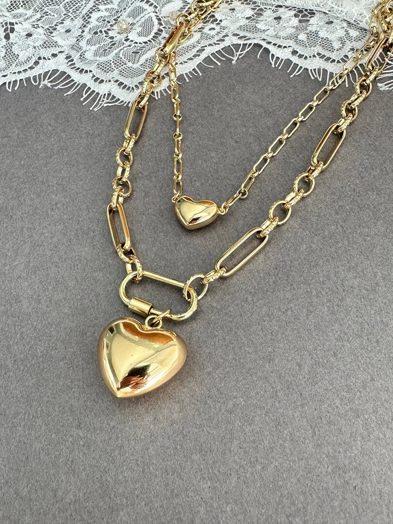 Chunky Link Chain Necklace, Gold Puffy Heart Necklace