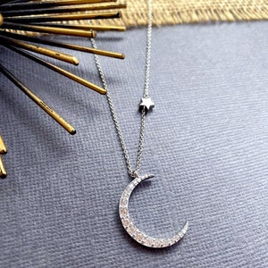 Sterling Silver Moon and Star Necklace: CZ Crescent Charm - Etsy