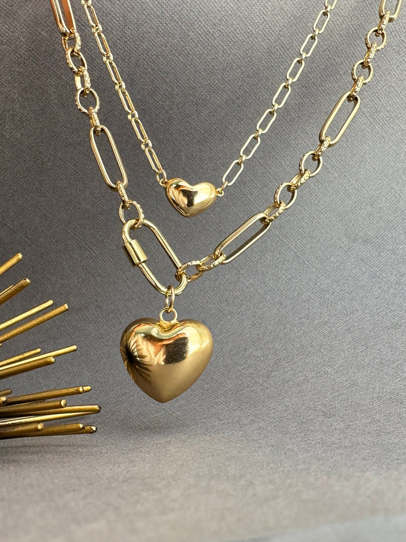Chunky Link Chain Necklace, Gold Puffy Heart Necklace