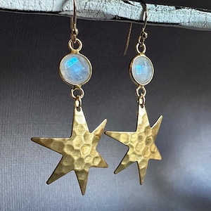 Gold Textured Star dangling earrings, Rainbow moonstone with gold star earrings, Boho chic celestial earrings, textured star charm earrings