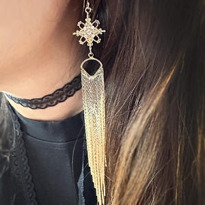 Long Gold Tassel  Earrings Shiny gold Tassel Dangling Earrings, gold Tassel Earrings, Glamorous Jewelry, Statement Jewelry, Gift for women