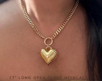 Gold Puffed Heart Necklace: Chunky Curb Chain, Toggle Clasp