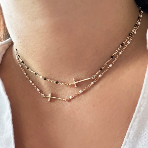 Dainty Sideways Cross Choker: Gold Filled Enamel Ball Necklace