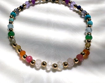 Rainbow Gemstone Bracelet: Dainty Multi-Gem, Gold Filled Bead, Minimalist Jewelry