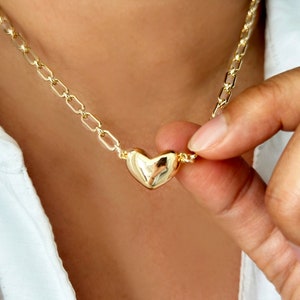 Złoty naszyjnik z zawieszką w kształcie serca Puffy Heart, naszyjnik z zawieszką w kształcie serca, naszyjnik z łańcuszkiem spinacza, naszyjnik z serduszkiem Love Puff, naszyjnik I love you, prezent dla niej