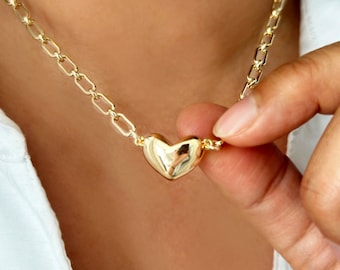 Gold Filled Puffy Heart Paperclip Chain Choker