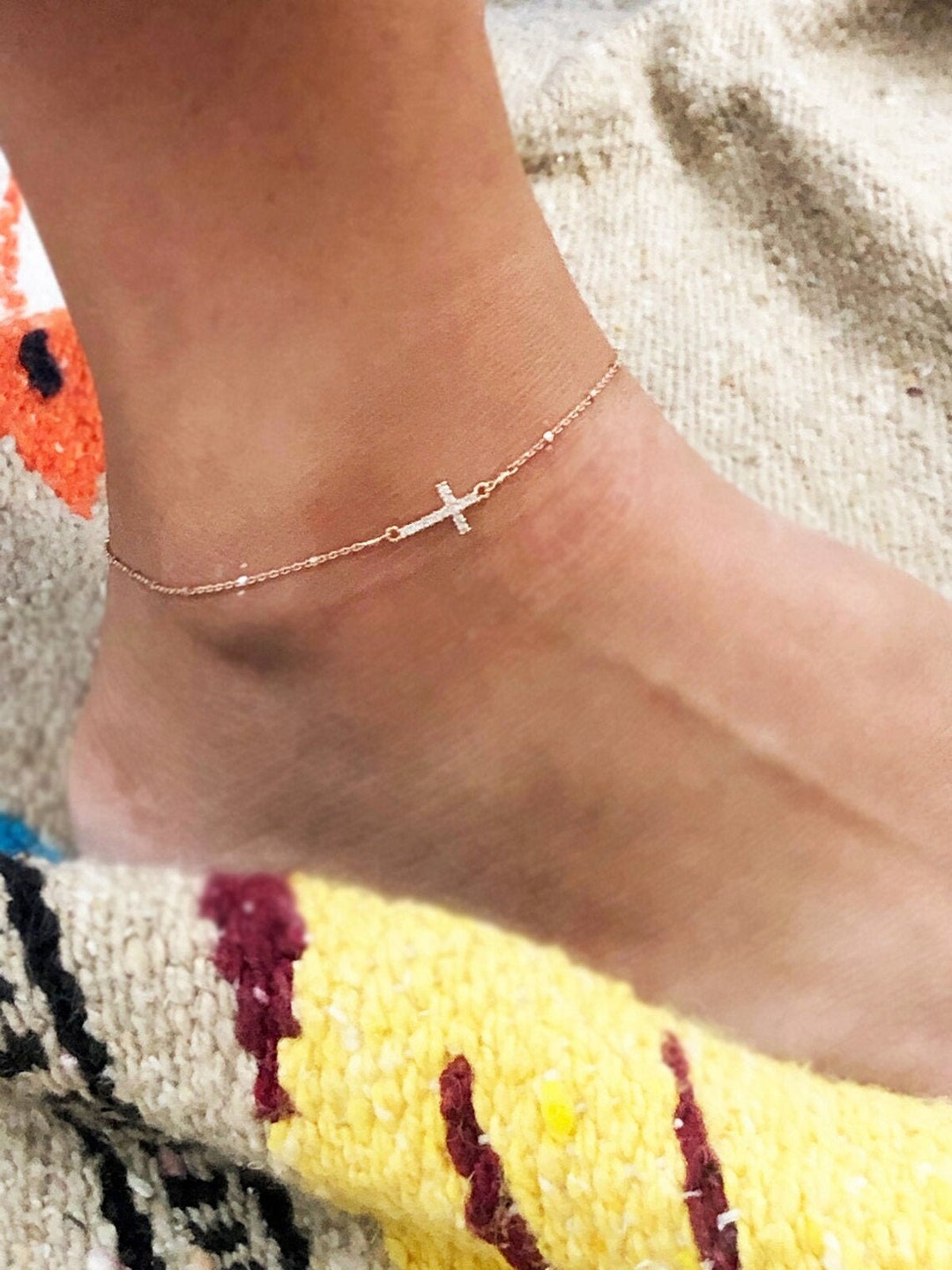 Dainty Gold Cross Anklet, Sideways Cross Anklet, Gold Cross Bracelet