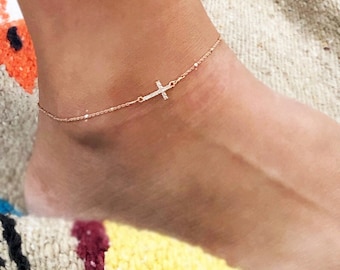 dainty Gold cross anklet, sideways cross anklet, Gold cross bracelet, jewelry Minimalist, Birthday Gift for her, Dainty Cross anklet Silver