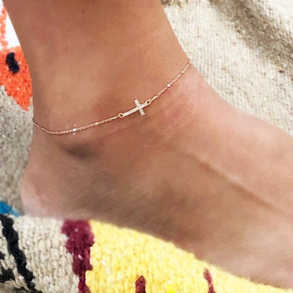 dainty Gold cross anklet, sideways cross anklet, Gold cross bracelet, jewelry Minimalist, Birthday Gift for her, Dainty Cross anklet Silver