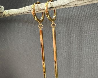 Long Gold Stick Dangle Earrings: Minimalist Bar Drop