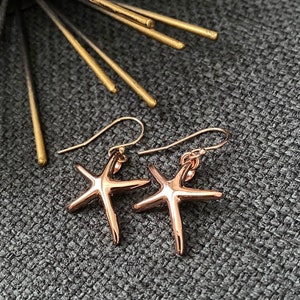 Rose gold starfish Earrings, starfish earrings, minimalist jewelry, gift for her, Starfish dangling earrings, Summer vacation jewelry