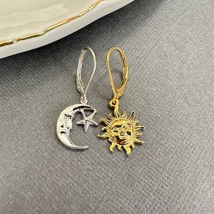 Asymmetrical Sun and Moon Earrings, Mismatched Earrings, Gold moon Earrings, Sun charm earrings, Dainty celestial earring gold, gift for her image 10