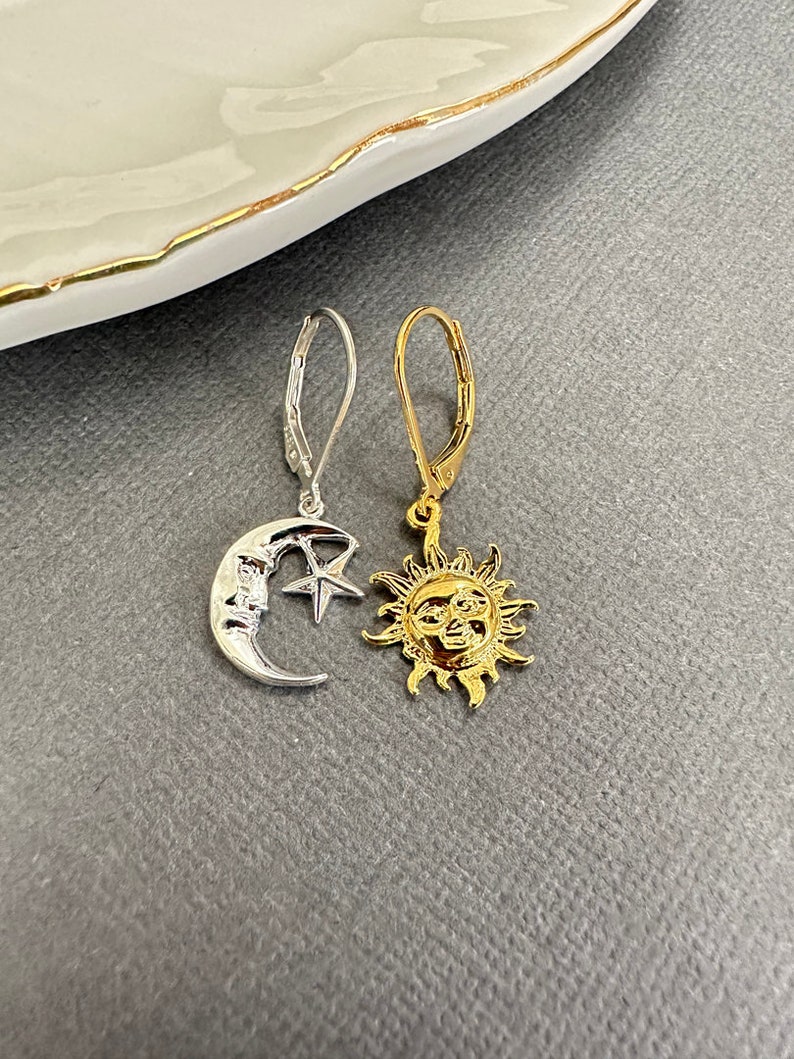 Asymmetrical Sun and Moon Earrings, Mismatched Earrings, Gold moon Earrings, Sun charm earrings, Dainty celestial earring gold, gift for her image 10
