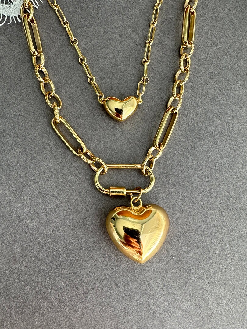 Chunky Link Chain Necklace, Gold Puffy Heart Necklace