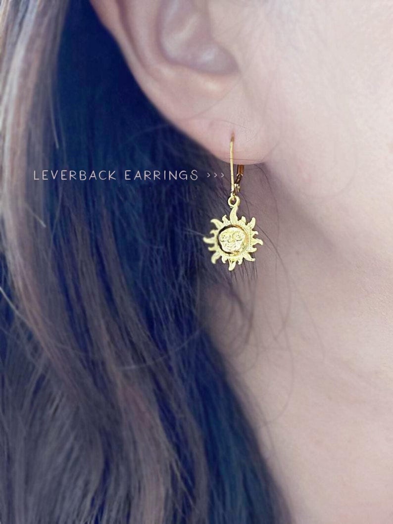 Asymmetrical Sun and Moon Earrings, Mismatched Earrings, Gold moon Earrings, Sun charm earrings, Dainty celestial earring gold, gift for her image 4