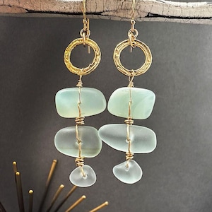 Sea Glass dangling earrings, Aqua Blue sea glass earrings, Summer Beach Jewelry, gold hoop earrings, gift for her, beach wedding jewelry