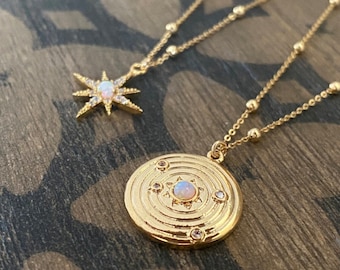 Opal Moon and Star Necklace: Gold Celestial Jewelry