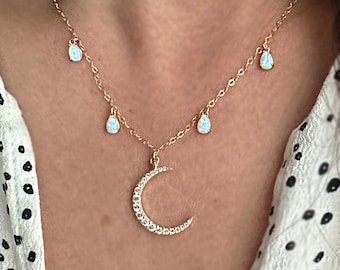 Gold Crescent Moon Necklace: Opal & Cubic Zirconia Charm
