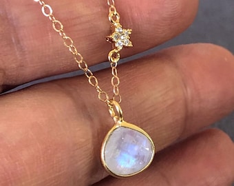 Rainbow Moonstone Necklace: Gold Star Charm, June Birthstone