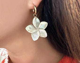 Mother of Pearl Flower Earrings: Gold Filled Hoop, Hawaiian Plumeria