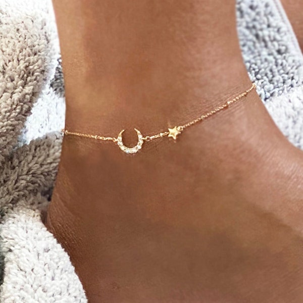 Mond- und Stern-Fußkettchen, goldenes Mond- und Stern-Armband, Satellitenkette, zierliches Gold-Fußkettchen, minimalistischer Schmuck, Geschenk für sie, Jewelhavenstudio