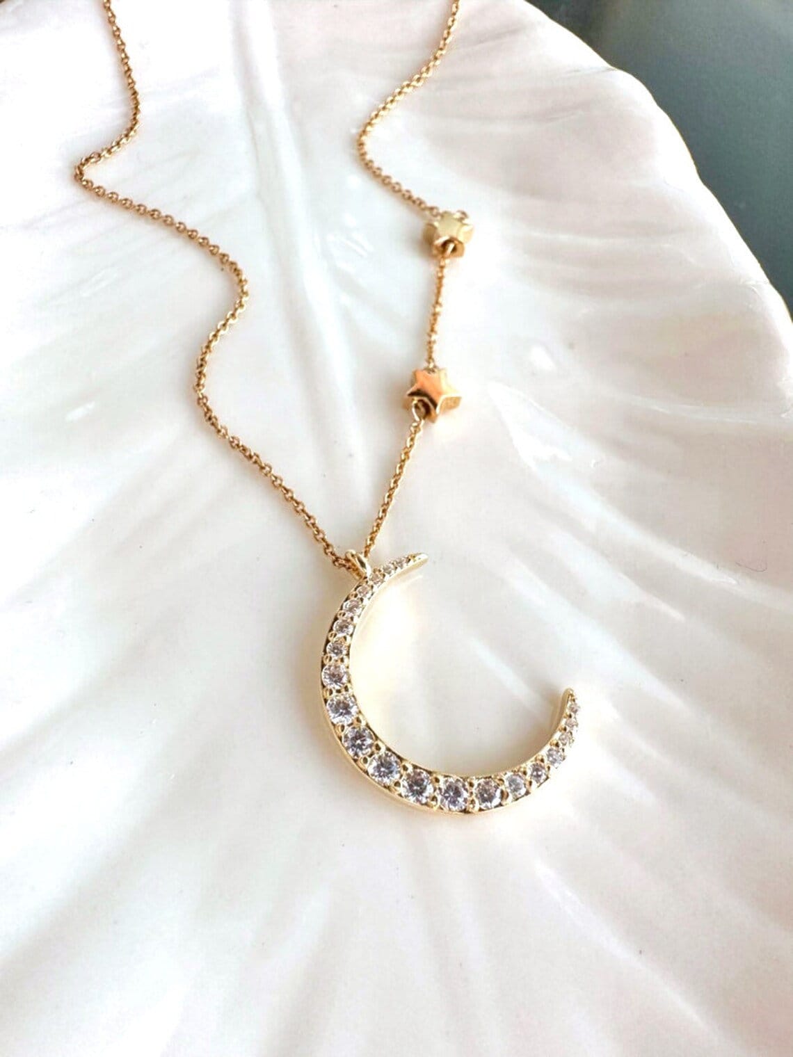 Sterling Silver Moon and Star Necklace: CZ Crescent Charm - Etsy