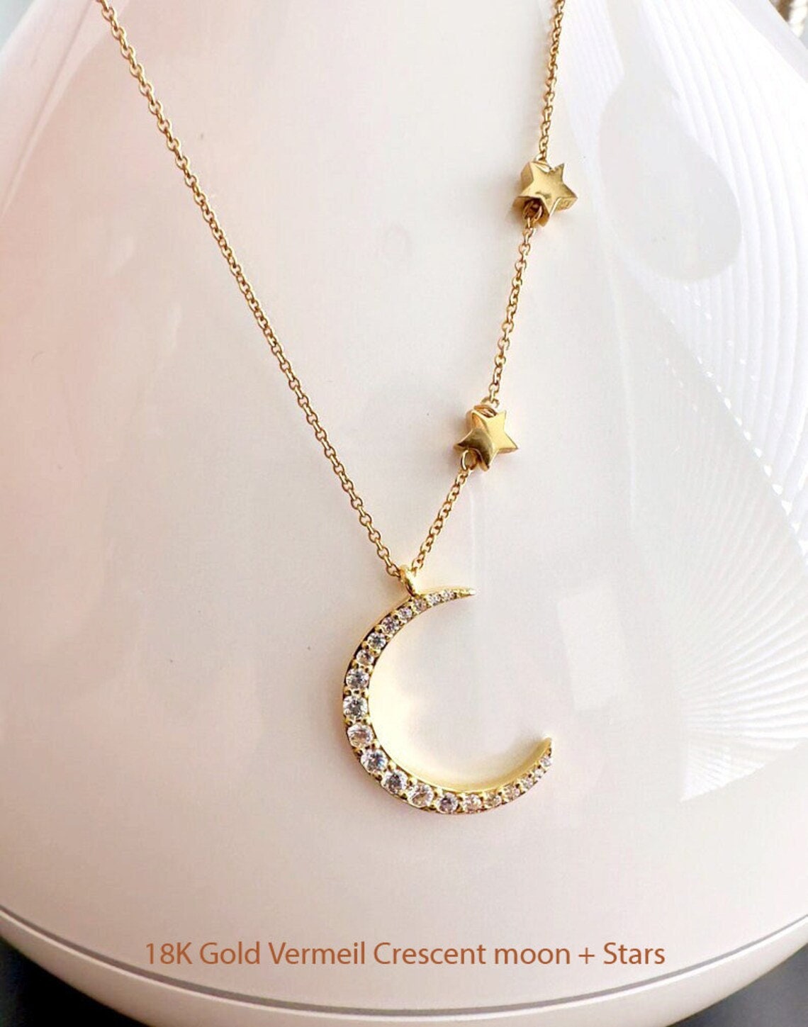 Sterling Silver Moon and Star Necklace: CZ Crescent Charm - Etsy