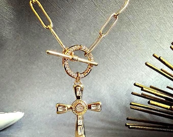 Gold CZ Cross Charm Necklace, Paperclip Chain Toggle Clasp