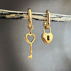 Heart Lock and Key Huggie Earring, Mix and match earring, Gold Lock and key, Minimalist Earrings, Gold huggie earrings, Gold dangling key