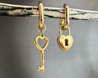 Heart Lock and Key Huggie Earrings: Mismatched Dangle Charm Set