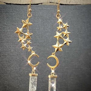 Dainty Moon and stars earrings, Gold Star Drop earrings, Star cluster earrings, Crystal Point drop earrings, Celestial earrings gift for her