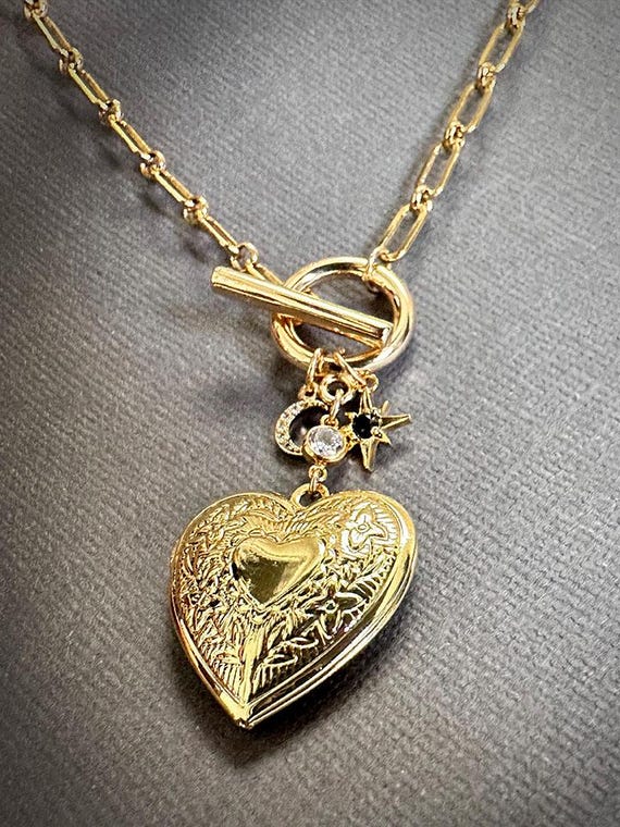 Vintage Gold Heart Locket Necklace with Photo: Moon & Star Charm