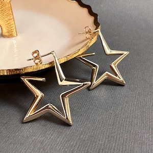 33mm Gold Plated Large Star Earrings, Star Hoop Earrings, Star Huggie Earrings, Gold Star Huggie, Geometric Pentagram Earrings, Gift for her