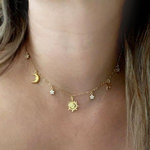 Gold Celestial charm necklace, Gold sun and moon charm necklace, I love you necklace, gift for women, Birthday gift, Moon and star necklace