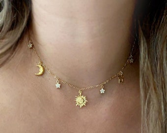 Gold Celestial Charm Necklace: Sun, Moon & Star, Sterling Silver